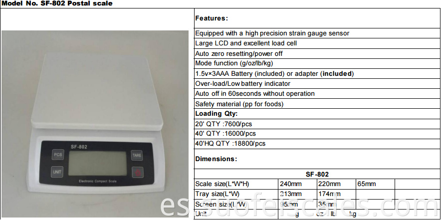 SF802 Escala de cocina 30 kg 1 g de peso Balance de envío de parcela postal digital